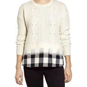 Madewell Wintermix 100% merino wool cable knit felted sweater‎ plaid shirt hem M